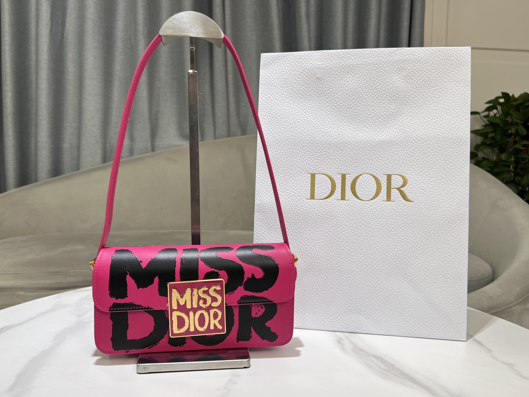 Miss Dior Flap Bag Rose Red and Black Miss Dior Graffiti Printed Calfskin